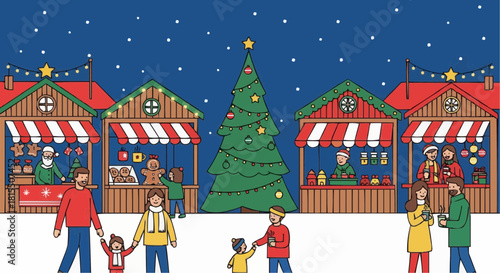 A charming illustration of a bustling Christmas market under a starry night sky.