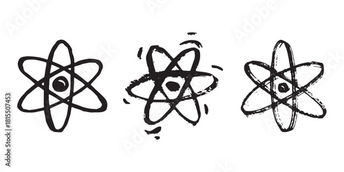 Set of hand drawn atom sign Molecule clipart in doodle style Symbol of science, education, nuclear energy, scientific research, molecular chemistry Single element for print, web, design