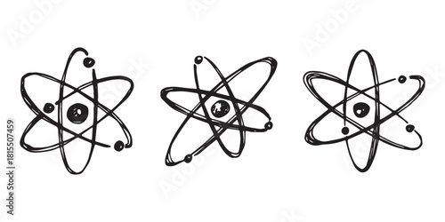Set of hand drawn atom sign Molecule clipart in doodle style Symbol of science, education, nuclear energy, scientific research, molecular chemistry Single element for print, web, design