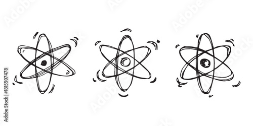 Set of hand drawn atom sign Molecule clipart in doodle style Symbol of science, education, nuclear energy, scientific research, molecular chemistry Single element for print, web, design