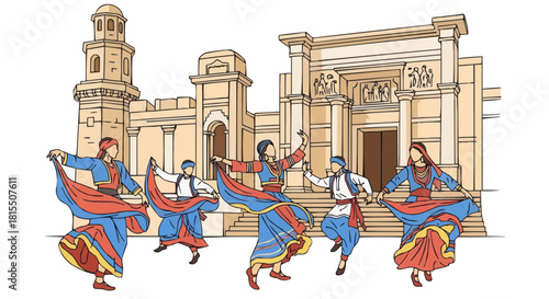 Five individuals perform a cultural dance, moving gracefully in front of a historic building. 