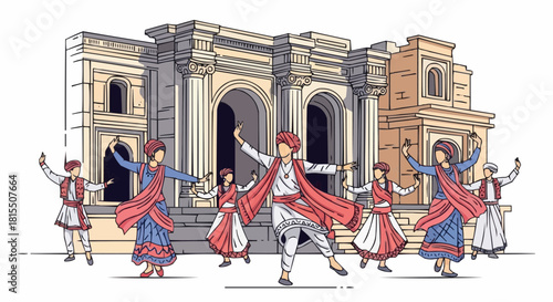 Cultural dancers gracefully performing in front of a historical building