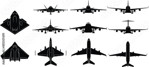 Vector silhouette set of military and civil airplanes, including fighter jets, cargo planes, and passenger airliners, top and front views for aviation and transport.