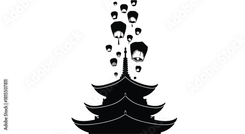 Silhouetted pagoda adorned with a cascade of floating lanterns against a stark background.