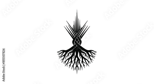 Abstract symbol of growth and interconnectedness with roots and sharp leaves