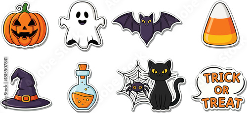 Halloween Cartoon Stickers Set: Pumpkin, Ghost, Bat, and Black Cat
Collection of cute Halloween stickers or patches featuring classic icons: Jack-o'-lantern, spooky ghost, flying bat, witch hat, magic