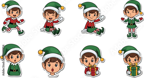 Cute Christmas Elf Sticker Set with Various Poses and Expressions

A collection of 8 adorable cartoon stickers featuring a Christmas elf character in different holiday costumes and actions. Poses incl