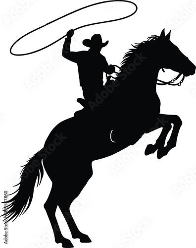 PrintCowboy on rearing horse silhouette, wild west rodeo rider with lasso, western cowboy art, horseman action scene illustration vector