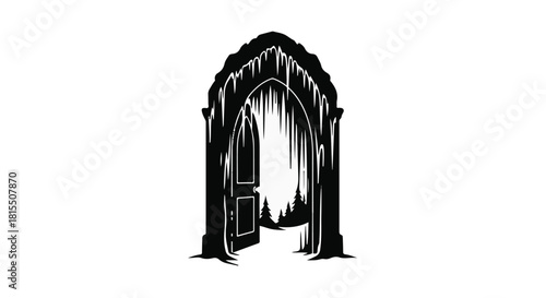 Mysterious gothic doorway opening to a dark, shadowy forest