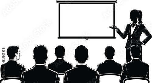 Business presentation silhouette with female speaker giving a lecture to a seated audience of men, vector graphic for seminar, training, and corporate education concepts.