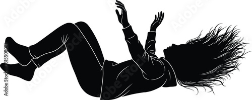 Silhouette of a woman floating or falling backwards with arms raised and hair flowing, vector graphic representing dream, stress, risk, or mental health concepts.