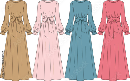 Fashion technical flat drawing of a long-sleeve maxi dress with bow tie waist detail, shown in four different neutral and pastel colors for design and pattern.