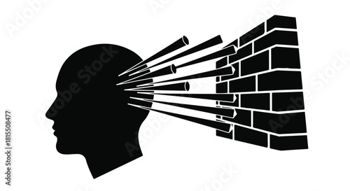 Symbolic silhouette of a head facing mental block, with sharp objects penetrating a brick wall representing obstacles to progress and thought.