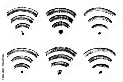 Set of hand drawn free wifi spot zone sign Public wi-fi area sign Wireless internet clipart in doodle style Single element for print, web, design, decor 3G, 4G, 5G, 6G, IoT