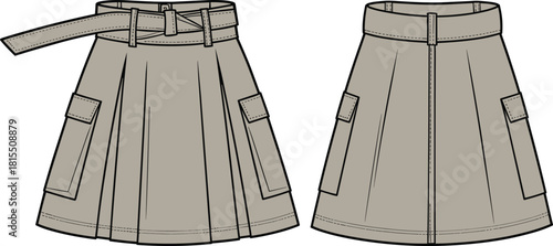 Fashion Flat Sketch Pleated Mini Skirt with Cargo Pockets, Belted Waistline, A-Line Silhouette, Technical Drawing Vector Illustration, Front and Back.