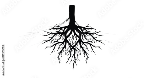 Intricate tree roots spread out against a white background, symbolizing growth and foundation.
