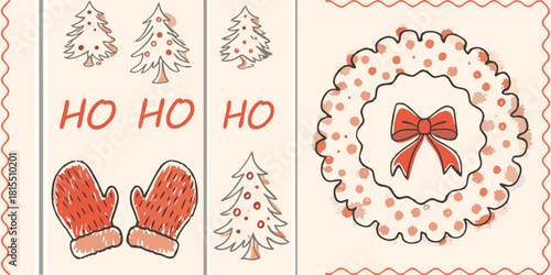 Festive Christmas cheer with cute trees, mittens, and a holiday wreath, perfect for seasonal greetings and winter designs. Hand drawn style