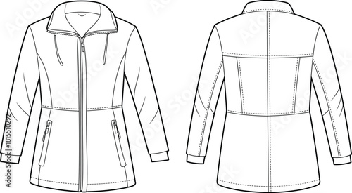 Women's fitted jacket technical sketch, princess seam coat design, cad drawing flat vector illustration, fashion template