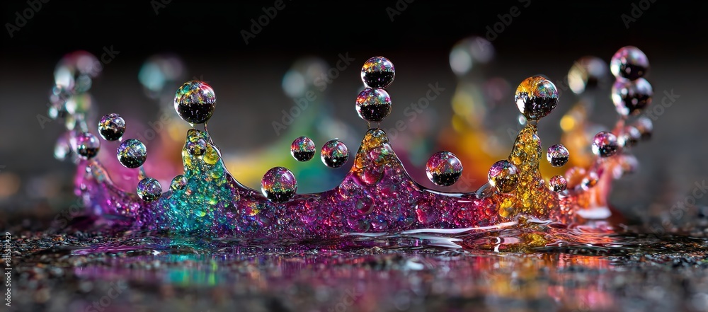 Obraz premium Stunning colorful water droplets frozen in time create a mesmerizing abstract art display perfect for creative projects and vibrant designs, full spectrum reflection