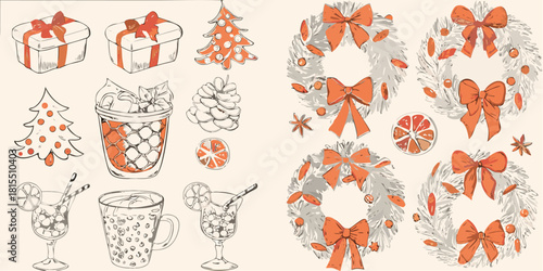 Charming holiday spirit with gifts, drinks, Christmas trees, and wreaths evokes festive cheer for a joyful seasonal celebration, originally vector graphics