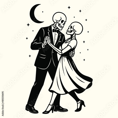 Vintage Skeleton Couple Dancing Under the Moon
