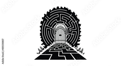 Intricate maze leading to a grand, illuminated gateway, symbolizing challenge and opportunity.