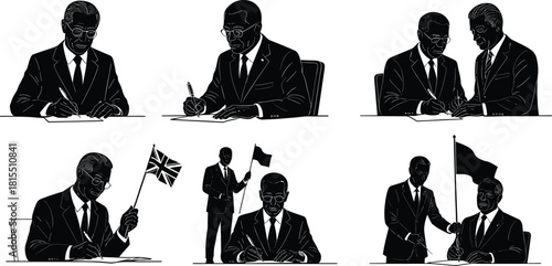 World leaders signing documents, holding flags, international agreement, diplomacy, political treaty, business contract, negotiation meeting, global cooperation illustration