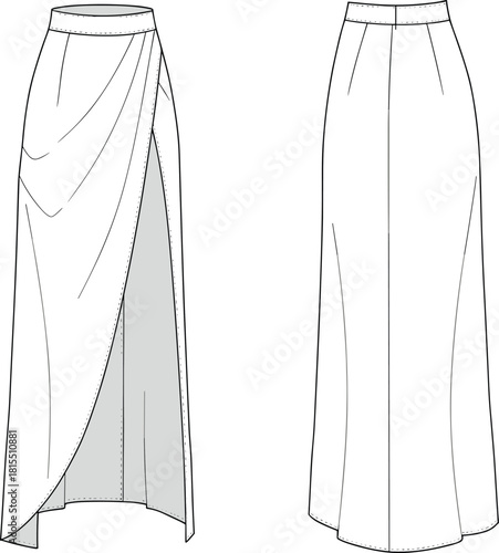 Wrap and fitted skirt technical fashion sketch, high slit and panel seam design, cad drawing flat vector illustration, front back view