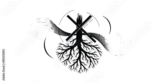 Abstract symbol of interconnected roots and swirling lines representing growth and nature