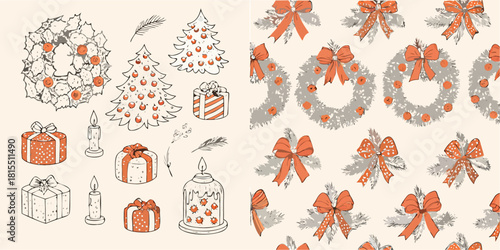 Festive Christmas cheer with wreaths, trees, and gifts, evoking holiday spirit and joy for a joyful seasonal celebration and cheerful designs