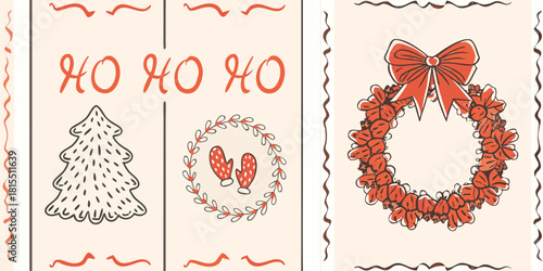 Share festive holiday cheer with this adorable Christmas themed card featuring a decorated tree, wreath, mittens, and joyful Ho Ho Ho greetings