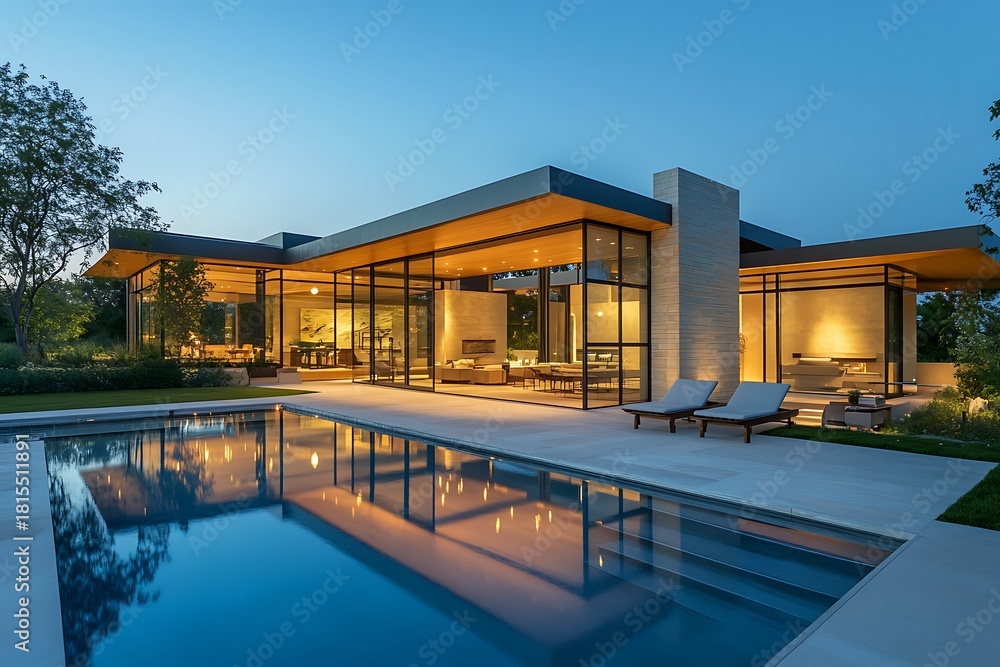 Fototapeta premium Modern luxury home with swimming pool at twilight with warm interior lighting