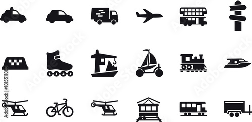 Silhouette icon set of diverse transport types including cars, boats, helicopters, signs, and recreational vehicles—ideal for design, infographic, and UI use - flavector