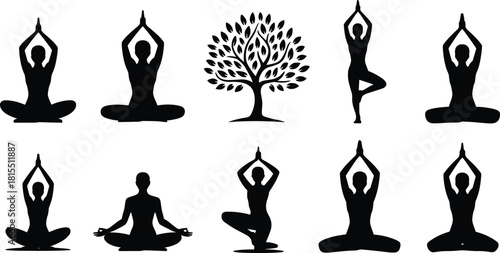 Yoga poses silhouette set, tree pose, meditation, wellness, balance, harmony, healthy lifestyle, flexibility, relaxation, mindfulness, stretching exercises.