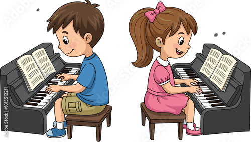 Young boy and girl practicing piano separately, kids learning music, piano lessons for children, musical education, playing piano, happy kids
