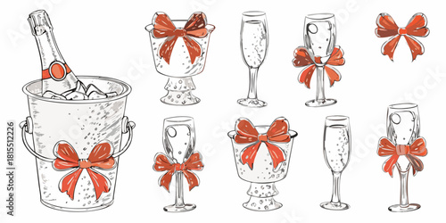 Celebration time Sparkling champagne glasses and ice bucket adorned with festive bows create a joyful atmosphere Perfect for holiday cheer and special moments
