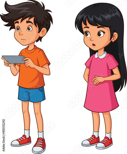 Young boy playing video game on handheld device, girl watching surprised, kids indoor activity, children entertainment, digital gaming, casual clothing, youth technology fun