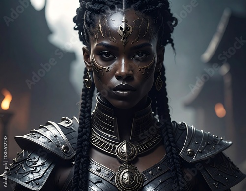 A formidable warrior with intricate face markings and dark braids, clad in ornate armor, stands ready with a determined gaze