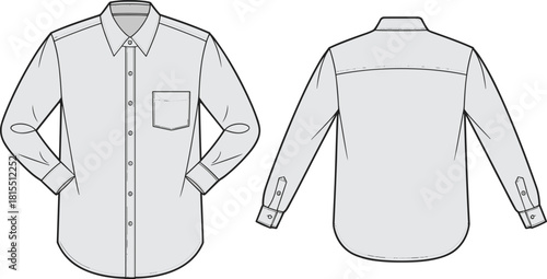 Fashion Flat Sketch of Classic Long Sleeve Button-Down Dress Shirt, Point Collar, Patch Pocket, Technical Drawing Vector Illustration, Front and Back.