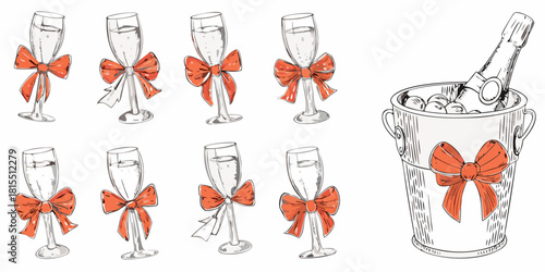 Elegant champagne glasses tied with festive bows, perfect for celebrating milestones and joyous occasions, evokes sophistication and celebration