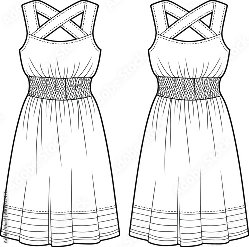 Fashion Flat Sketch Midi Sundress with Crisscross Straps, Smocked Waist Detail, Flared Skirt, Technical Drawing Vector Illustration, Women's Apparel.