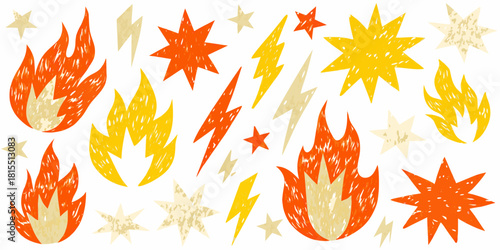 Hand Drawn Flames Stars and Lightning Bolts Pattern for Energetic Designs, Perfect for Social Media, Branding, or Kids Projects, Adds Spontaneity and Fun