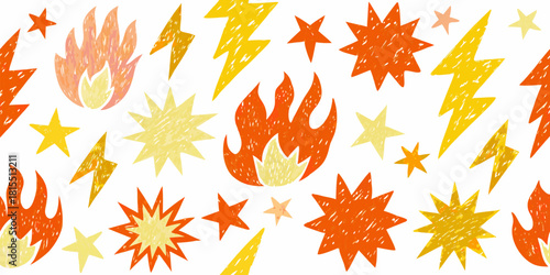Ignite your designs with this vibrant pattern of hand-drawn stars, lightning bolts, and flames for a playful, energetic vibe that pops off the page