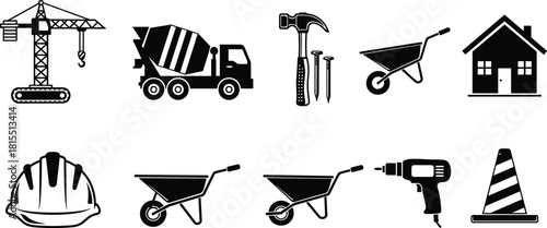 Black and White Construction Tools and Building Site Equipment Vector Illustration Set Including Crane, Cement Truck, Safety Helmet, and House.