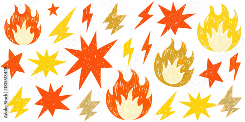 Vibrant pattern of hand-drawn style fire, lightning, and star shapes, perfect for adding energy and excitement to any creative project. Originally a vector.