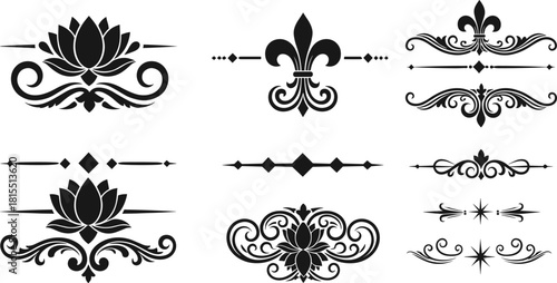Set of Black Vintage Ornamental Text Dividers and Flourishes Vector Illustration