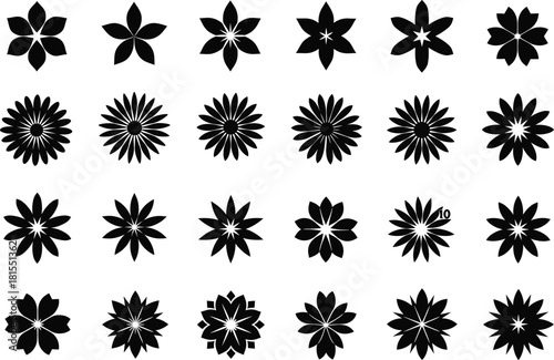 Mega Set of Black Abstract Flower and Starburst Geometric Shapes Vector Illustration