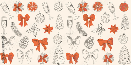 Festive holiday cheer with hand-drawn ornaments, poinsettias, bows, champagne glasses, and Christmas trees for seasonal cards and backgrounds