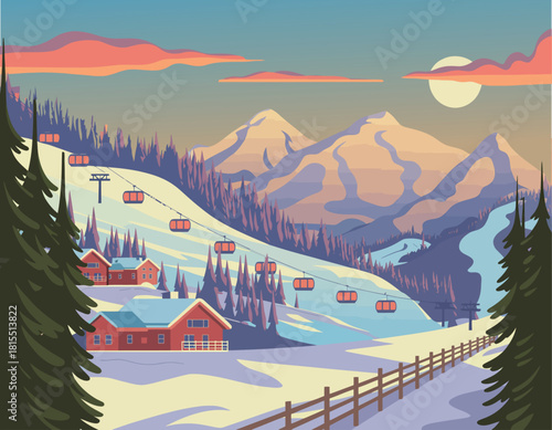 Retro ski vacation poster with vintage chairlift and classic skiing illustration