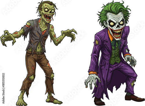 Zombie character illustration, scary undead monster, creepy cartoon artwork, horror comic style, green skin zombie, evil grin, spooky Halloween design